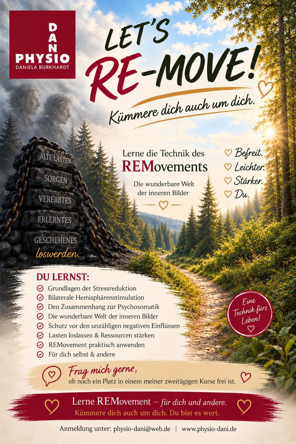 Kursflyer für die zweitägigen REMovement-Kurse mit Waldweg, Steinhaufen und den Aufschriften „Let’s RE-move!“ und „Kümmere dich auch um dich“, dazu die Kursinhalte und Kontaktdaten für die Anmeldung
